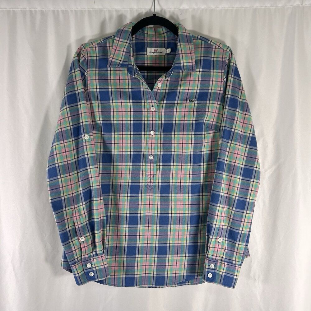 Vineyard Vines Blouse Women's 10 Blue Green Pink Plaid Button Long Sleeve Soft